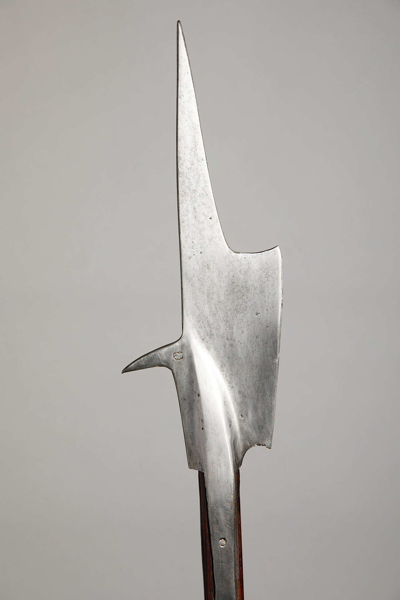 Farbfoto im Hochformat. Das Foto zeigt das metallene, scharfe Ende einer Hellebarde, das sich aus verschiedenen scharfkantigen, flachen Metallteilen zusammensetzt: einem Mittelteil bestehend aus einer einem Beil ähnelnden langgezogenen Klinge auf der einen Seite und einer kleinen hakenförmigen Klinge auf der anderen Seite, und einer darüber angesetzten langen, schmalen Klinge, die den Abschluss bildet. Der auch zur einer Hellebarde gehörende hölzerne Schaft ist nur im Ansatz zu erkennen. 