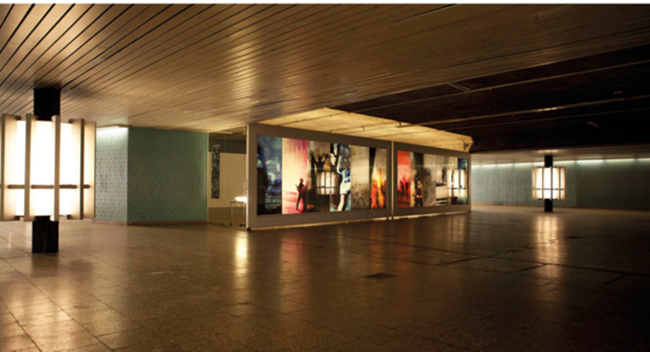 Farbfoto im Querfomat. Zu sehen ist eine gering beleuchtete U- oder S-Bahn- Zwischenetage. Der Blick wird schräg nach rechts auf eine große Fotokunstinstallation in einer Art Vitrine geführt. Darin sind 12 hinterleuchtete im hochkant-Format aufgenommene Fotografien zu sehen. Links und rechts davon befinden sich je ein Trägerelement, die jeweils mit einem Leuchtkasten umfasst wurden. 