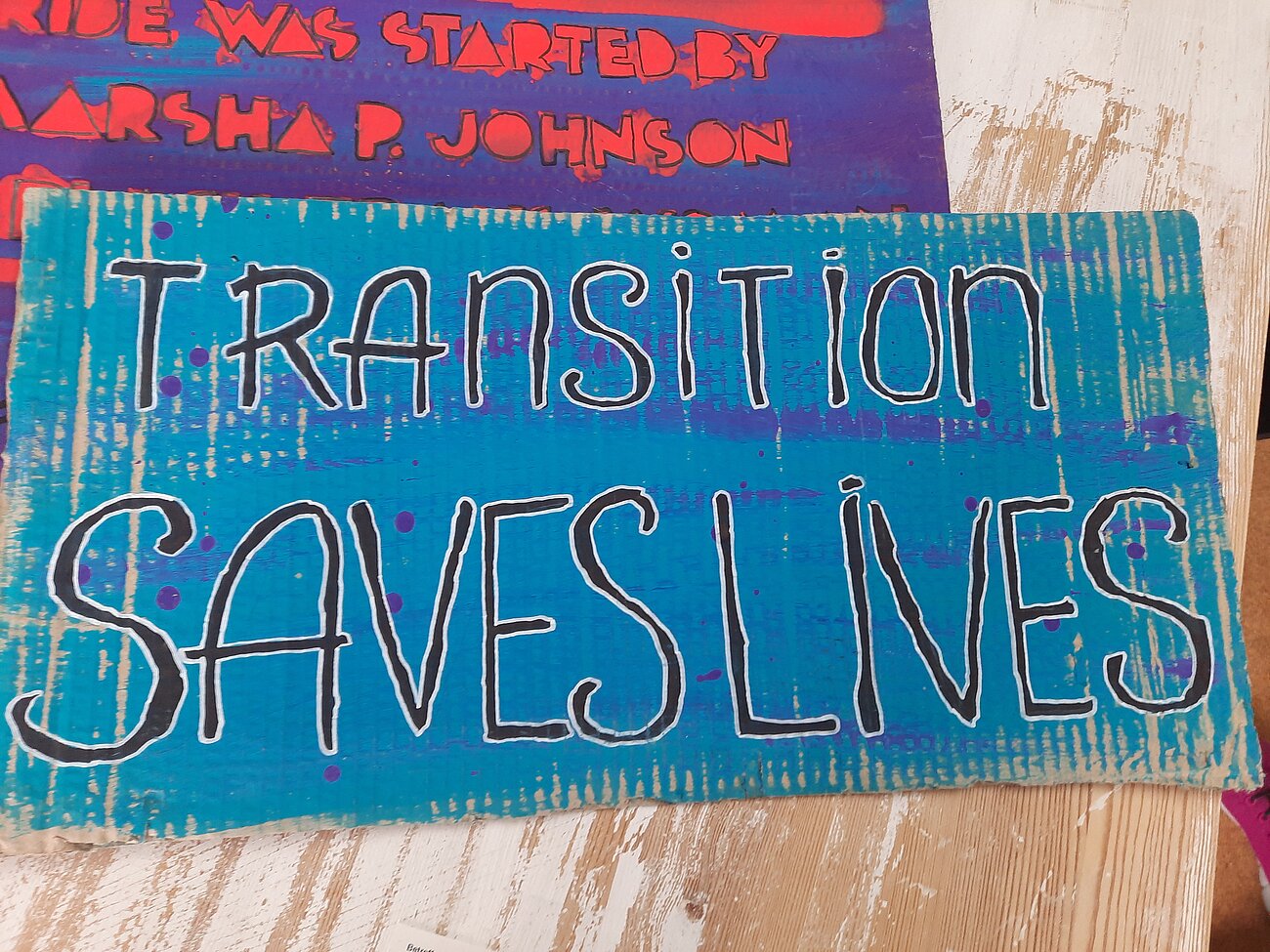  Abbildung des Protestschildes, Farbfoto im Querformat. Protestschild aus Pappe, blau angestrichen, Farbstreifen sind zu erkennen. Darauf steht in schwarzer mit weiß umrandeter Schreibschrift in Großbuchstaben „Transition saves lives“.  Unter dem Protestschild liegt noch weiteres Schild. 