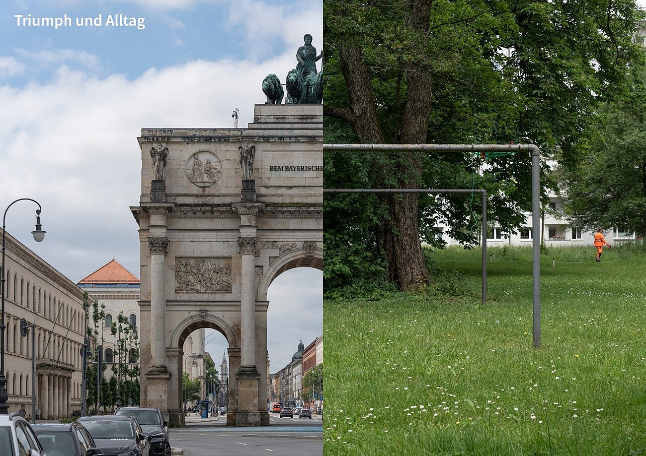 Farbfotografie, Querformat, zweigeteilt. Linke Seite das halbe Münchner Siegestor mit der halben Quadriga, links oben mit „Triumph und Alltag“ beschriftet. Auf der rechte Seite zwei halbe Wäschestangen aus Metall, die an den Siegestorbogen anschließen. 